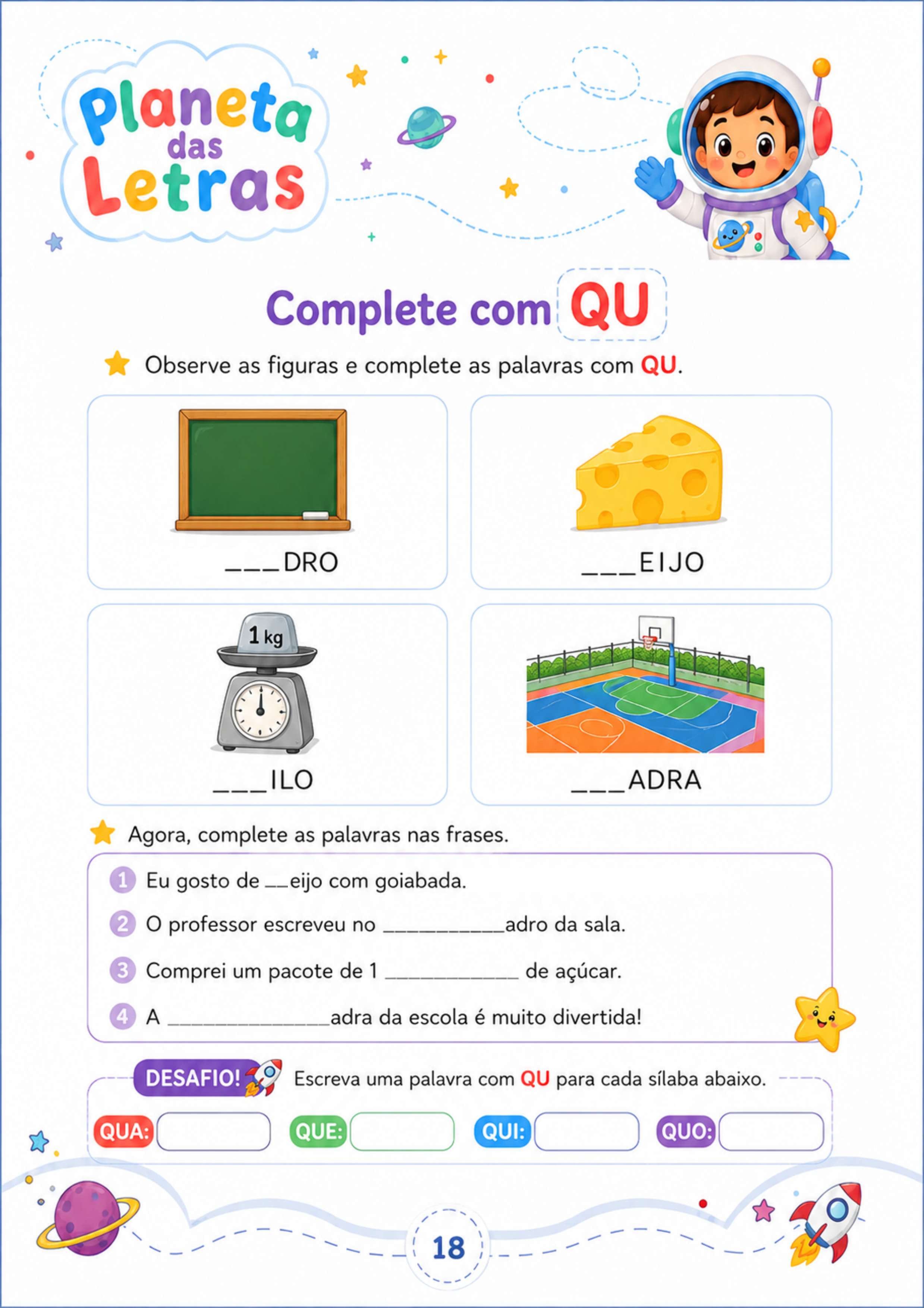 Página de atividades de sílabas complexas com o encontro QU